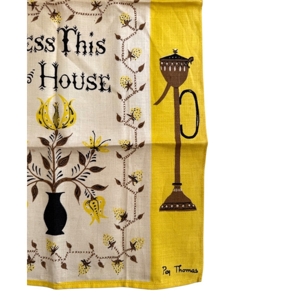 Vintage Peg Thomas Tea Towel Linen Bless This House Kitchen Dish MCM Yellow NOS - Picture 7 of 14